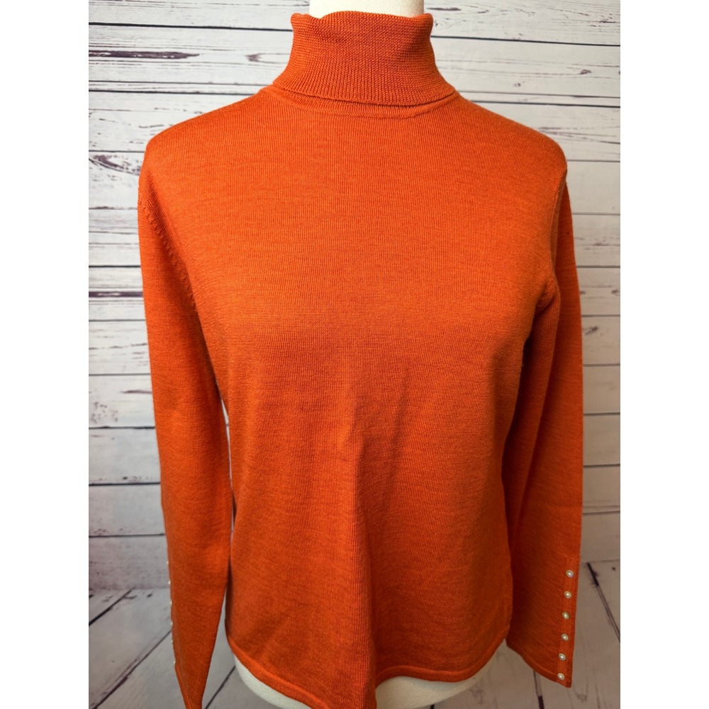 Pursuits Ltd Turtleneck Sweater Medium Orange Merino Wool Pearl Button Womens